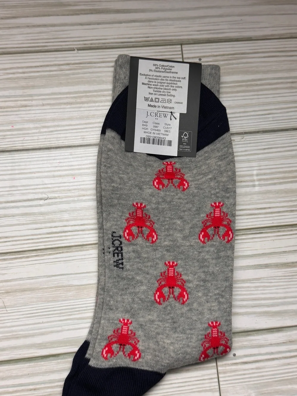 J. Crew Crew Style Gray Lobster Pattern Socks One Size New With Tag